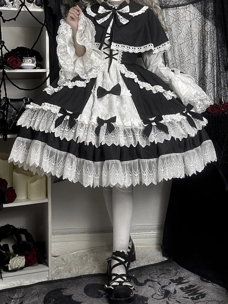 Black and White Old School Lolita Fashion Dress Bowknot Lolita JSK Set