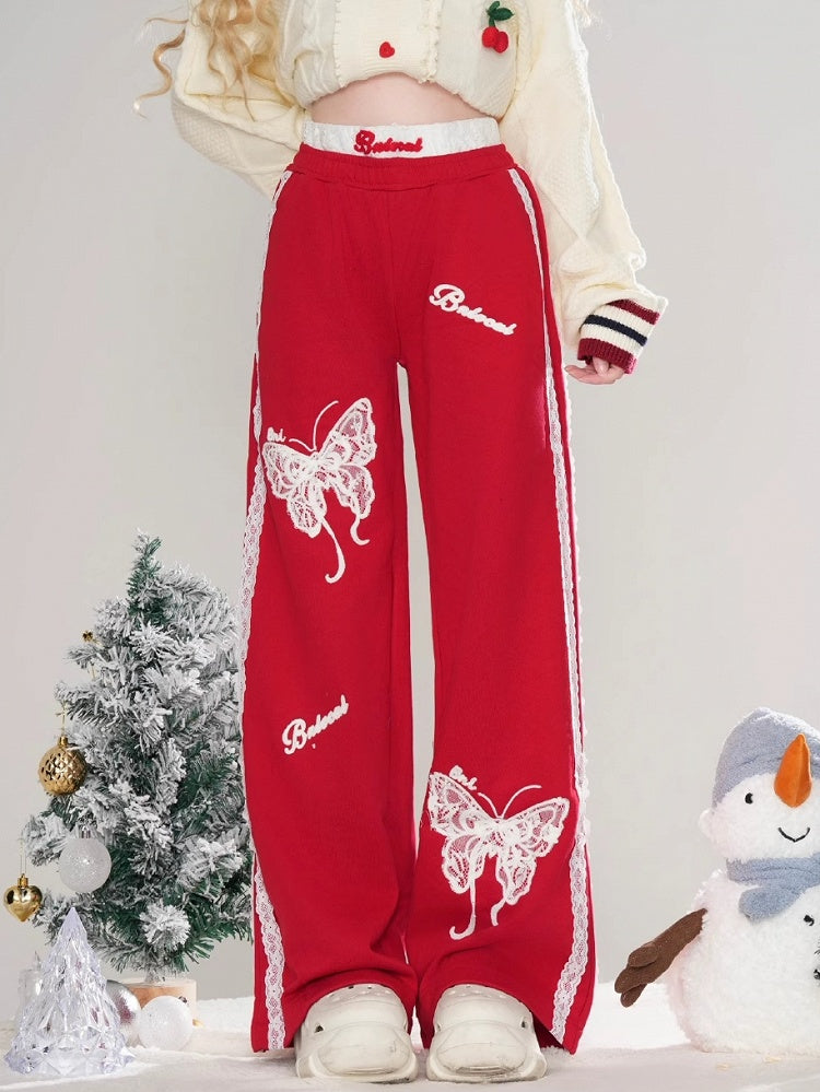 Black/Red Lace Butterflies Straight-leg Cut Pants Lace Trim