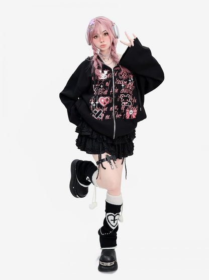 Y2K Graffiti Black Bell Sleeves Loose Zip Hoodie