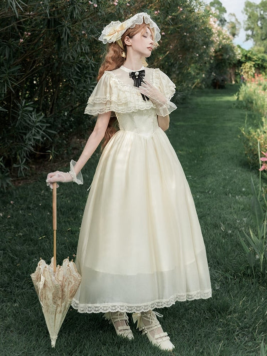 Dress Beige Elegant One Edward Illusion Lolita Piece Square Neck Waist Neckline Basque