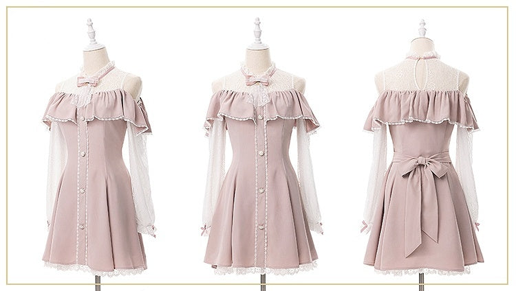 Pink Illusion Neckline Cutout Shoulder Jirai Kei Long Sleeves Dress with Bow Tie