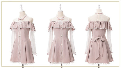 Pink Illusion Neckline Cutout Shoulder Jirai Kei Long Sleeves Dress with Bow Tie