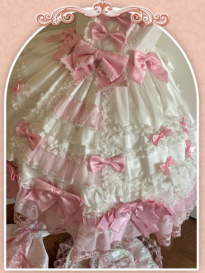 Kleid hoch, süß, rosa, mit weißen Taillenärmeln, abnehmbarer Lolita-Schleife, Prinzessinnen-Akzente