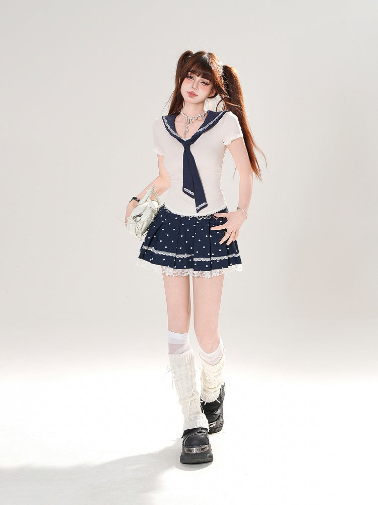 + T-Shirt-Set Plissee Matrosenmuster Polka Dot Abnehmbarer blauer Rock Marine Aprikose Eng anliegender Kragen