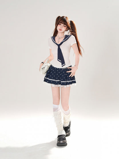 + T-Shirt-Set Plissee Matrosenmuster Polka Dot Abnehmbarer blauer Rock Marine Aprikose Eng anliegender Kragen