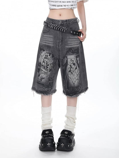 Dunkelgraue Jeansshorts mit offenem Saum und monochromem Comic-Print