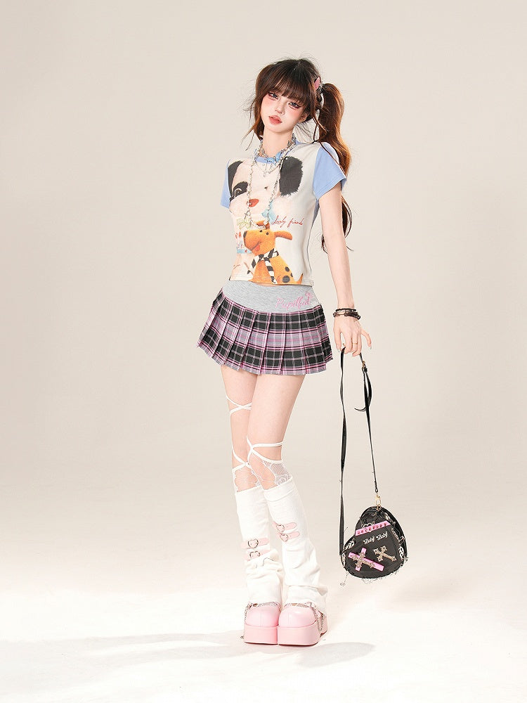 Adorable Colorblock Design Puppy Print Blue/Pink T-Shirt
