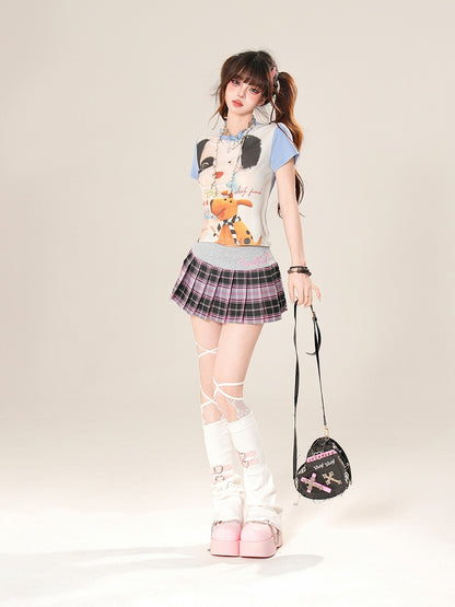 Adorable Colorblock Design Puppy Print Blue/Pink T-Shirt