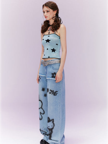 Striped Scarf Y2K Blue Star and Bow Print Cami Top with