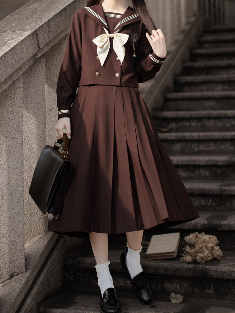 Brown High Waist Pleated Skirt