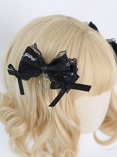 Jirai Kei Spitze mit Herzschleife Schwarz Charm Haarspangen