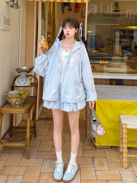 Light Blue Elastic Waist Sweet Bubble Skirt
