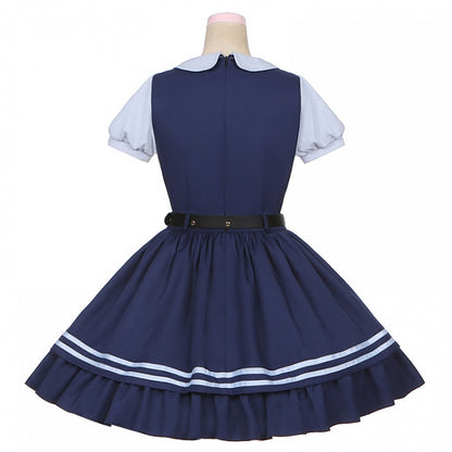 Robe bleu marine à col Claudine et manches courtes, faux deux-pièces
