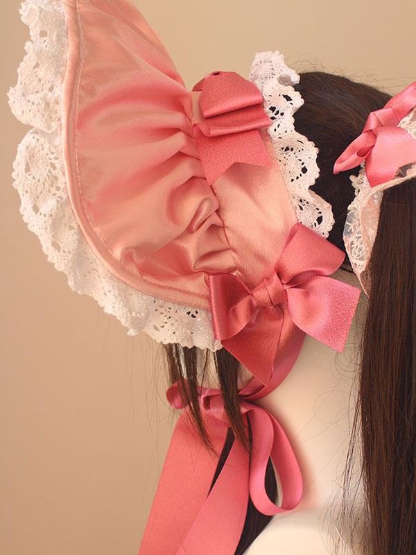 Cotton Bowknot Details Lace Trim Bonnet