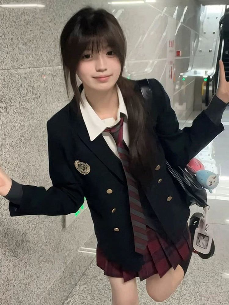 Blue JK Decorated Badge Uniform Dark Preppy Blazer Style