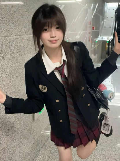 Blue JK Decorated Badge Uniform Dark Preppy Blazer Style