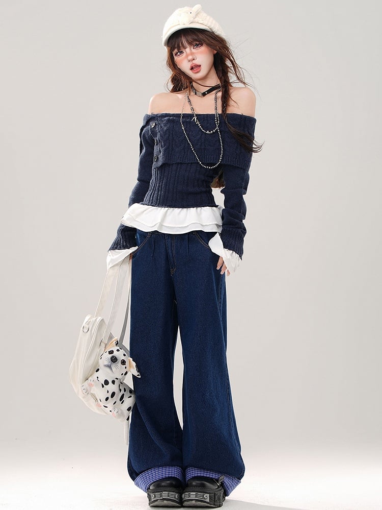 Navy Blue Plaid Patchwork Waist and Cuffs Wide-leg Cut Jeans