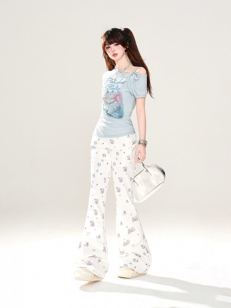 Entzückendes Kätzchen-Print Blau/Weiß T-Shirt Asymmetrischer Ausschnitt Glamourös