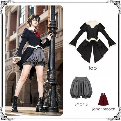 Vampire Prince Ouji Lolita Full Set - Black Swallow Tail Long Sleeves Top + Gray Bloomers Shorts + Red Jabot Brooch