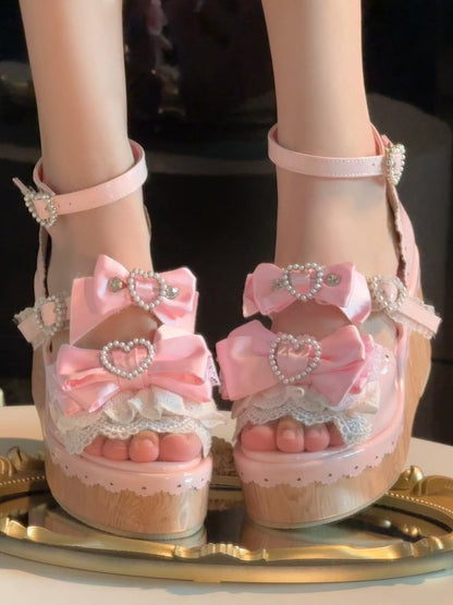 Heart Gyaru Beaded - Bow Wedge Pink Accents Platform Buckles Hime Sandals