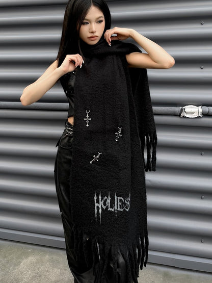 Punk Black Letters Pattern Cross Charms Adorned Knit Scarf Fringe Hem