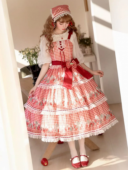 Robe vichy pique-nique Lolita rouge à imprimé fraises et jupe pull Sweet Lolita