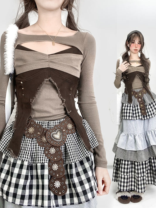 Haut slim glamour marron vintage à col en V et détails découpés