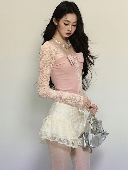 Pink Bowknot Details Lace Sleeves V-neck Knit Top