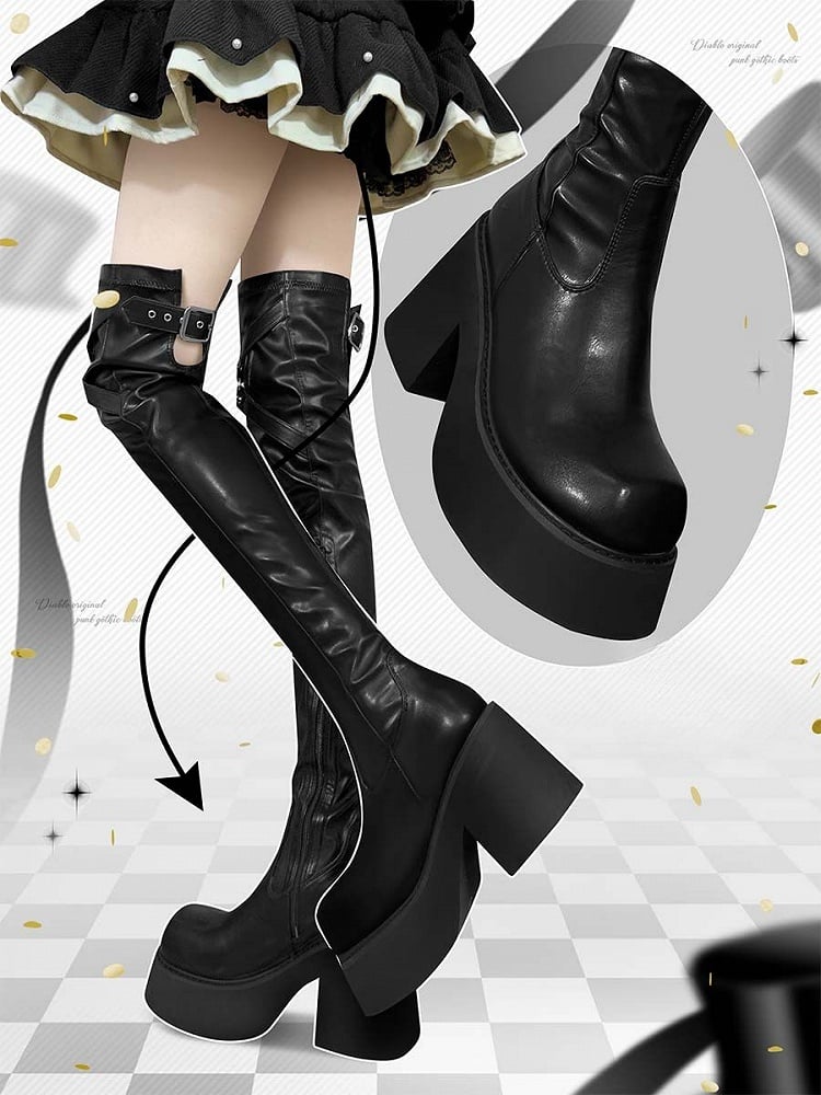 Matte Black Heart-shaped Cutout Detail Gothic Thigh-high Boots