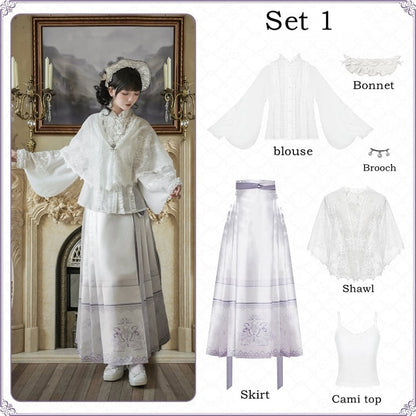 Long Skirt Floral Sleeves Purple + Lolita Print Han Horse-face and Light Blouse White Set Full Snake