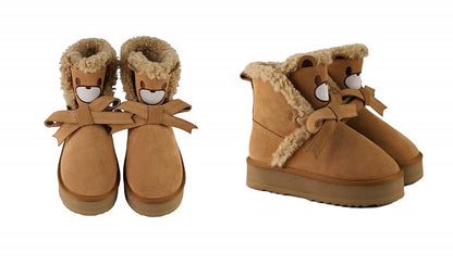 Brown Bear Bow Accent Fleece Lined Sweet Platform Winter Ankle Boots