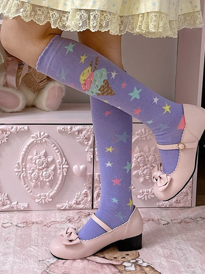 Pink/Blue/Purple/Yellow/White Star Lolita Socks Ice Design Calf Print Cream