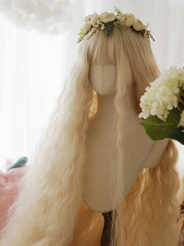 Light Blonde Long Curly Wig With Full Bangs
