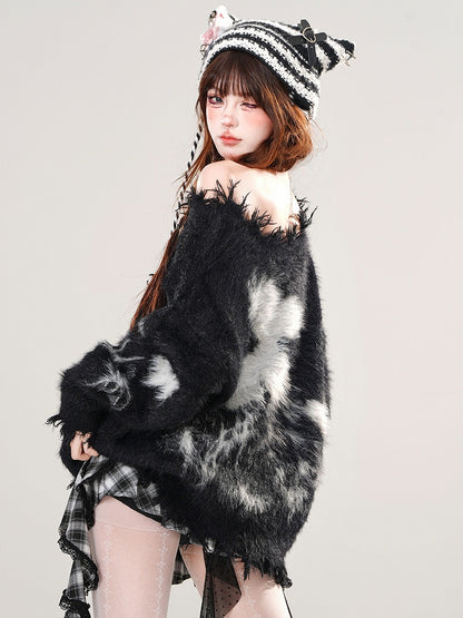 Apricot/Black Butterflies Halter Neck Mohair Loose Sweater