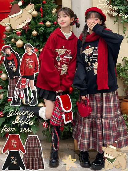Christmas Red Cute Reindeer Appliques Thick Hoodie