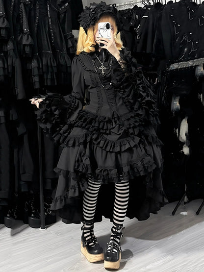 Schwarzes Lolita-Hemd mit Ärmeln, geschichtet, wunderschöne Glocke, ganz lang, Gothic Kuro