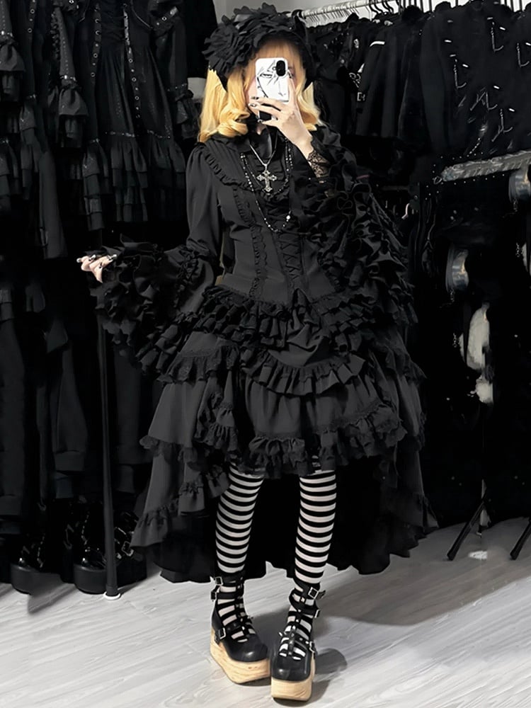 Ruffle Aristocrat Gothic Black Drawstring Layered Lolita High-low Skirt