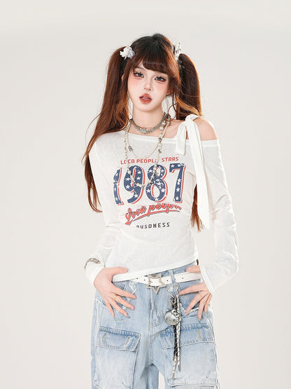 Top mit asymmetrischem Ausschnitt Vintage-Zahlendruck Blau/Weiß/Schwarz