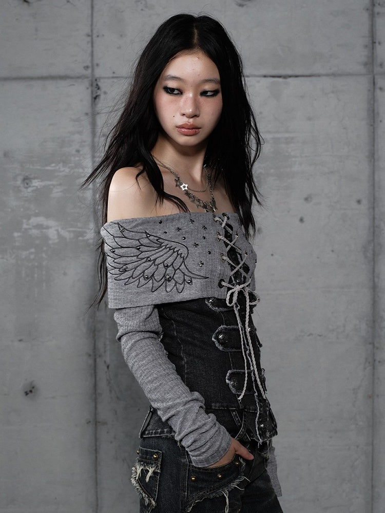 Top Knit Grey with Panels Off-Shoulder Denim Design Vintage Punk