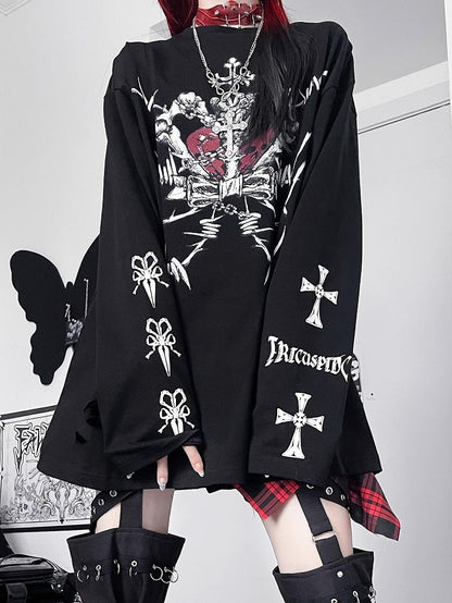 Top Emo Cross And Long Letter Black Sleeves Print Punk