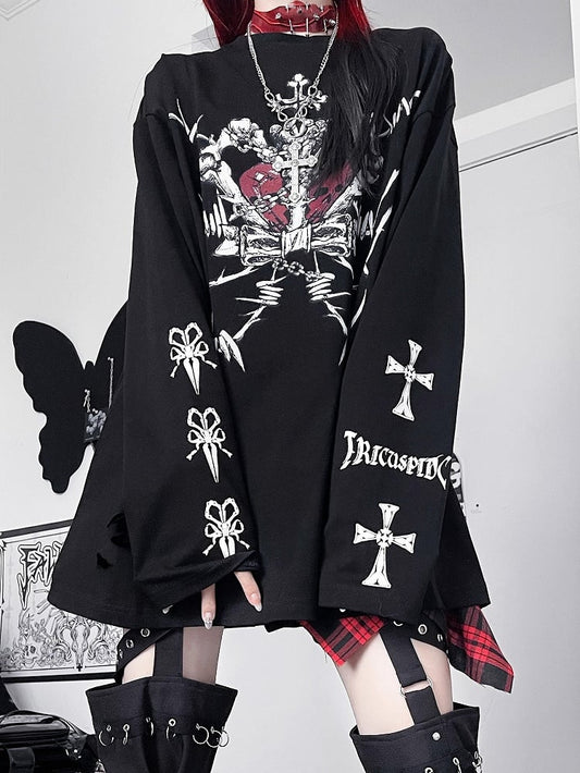 Top Emo Cross And Long Letter Black Sleeves Print Punk