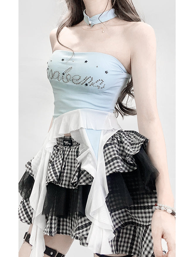 Top Hem Tube Rhinestone Decorated Letter Glamorous Y2K Blue Asymmetrical