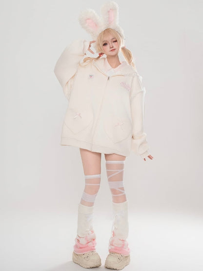 Light Blue/Apricot Bunny Ears Design Zip Hoodie with Lace Accents