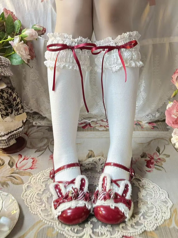 Lace-Trimmed 6 Options Sweet Color Bow Ribbon Stockings
