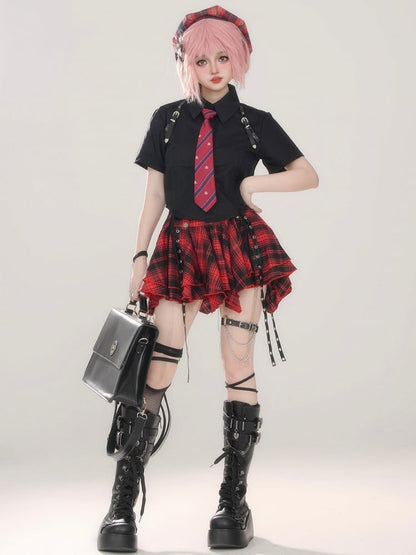 Mini Straps Red Skirt With Plaid Black Pleated Metal Punk Buckle