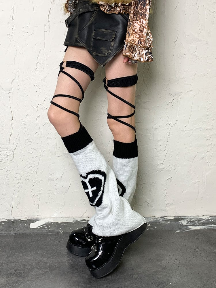 Yami Kawaii Black&White Y2K Heart Cross Leg Warmers