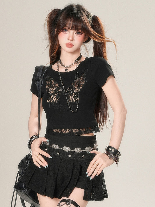 Lace T-shirt Butterfly Beige/Black Glamorous Bittersweet