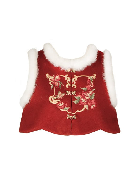 Red Pomegranate Flowers Embroidery New Year Plush Neckline Vest