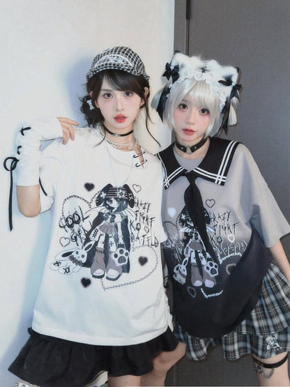 Lace-up with Neckline Detail Punk Girl Print Slit Gloves White Y2K T-Shirt