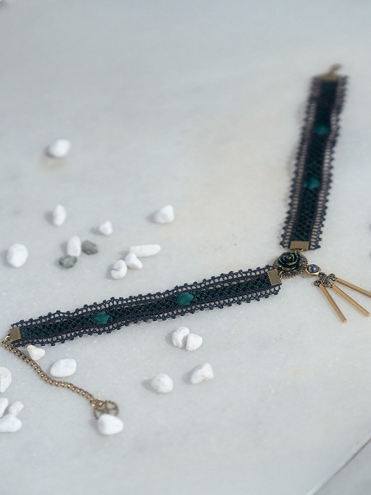 Black with Dark Green Tassels Choker Lace Steampunk